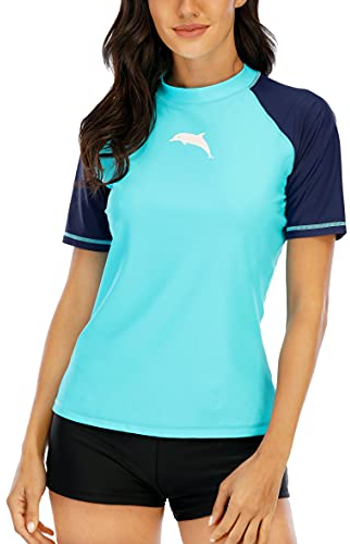 Halcurt Damen Rashguard UV Shirt, Athletic Swim Shirt,Kurzarm Badeshirt Badenmode Tankini Himmelblau L