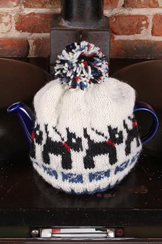 Pachamama Handknitted Medium 4-6 Cup 1.2L Wool Tea Cosy Teapot Cover - Scottie Dog Pattern Insulated Handmade Fair Trade Black White