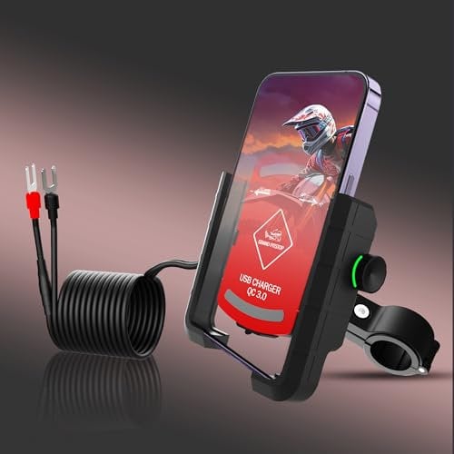 Motorcycle Phone Mount with Qi 15W Wireless Charger & USB C 20W Fast Charging Port, Waterproof Motorcycle Cell Phone Holder Cradle with Aluminum Alloy Handlebar Mounting Base for 4-8 Phone