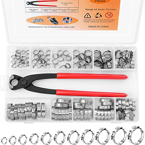 Lot de 120 colliers de serrage à une oreille en acier inoxydable 304, 11 tailles, 6-33,1 mm, assortiment d'anneaux de serrage avec pince de serrage d'oreille pour sécuriser les tuyaux de tuyaux et une