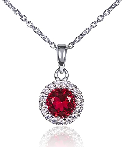 Diamond Treats 925 Sterling Silber Anhänger Halskette mit einem rubinroten Stein und einem Zirkon Rand, Sterling Silber Halskette für Damen mit einem roten Stein, Silberschmuck für Frauen