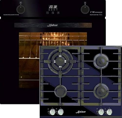 Kaiser Gasherd-Set EH 6367+KCG 6380, Elektro Backofen, Autark, 79L, Drehspieß, Einbau Backofen,10Funktionen+Einbau Gaskochfeld 60cm, Schwarz Glas, Einbau Herd, Erdgas Propangas