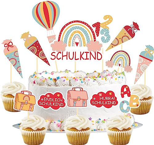 Tortendeko Einschulung Mädchen, 13Pcs Cake Topper Schulkind Kuchendeko Schulanfang, Zuckertüte ABC 123 Kuchen Deko, Endlich Schulkind 2025 Mädchen Geschenke Einschulung