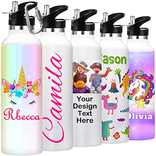 SIMIEEK Personalized Water Bottles Bulk with Straw Custom Insulated Water Bottle Printed Photo Name Text (26oz/12oz)