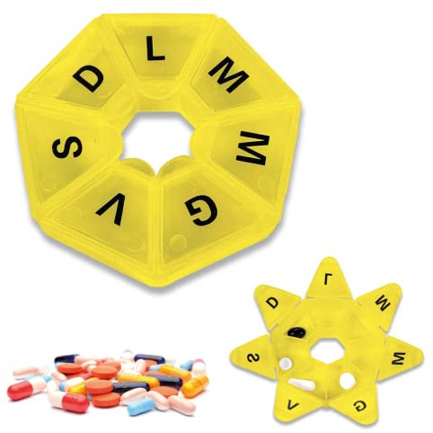 Pastillero semanal colorido en italiano de 7 compartimentos para 7 días, organizador de medicina y pastillas medicinales, transparente satinado (amarillo)