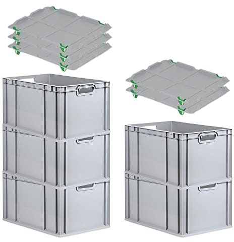 PROREGAL SparSet 5x Eurobox NextGen Grip mit Auflagedeckel & 4 grünen Schiebeschnappverschlüssen, HxBxT 32x40x60cm, 65 L, Grau, Griffe offen, Eurobehälter, Transportbox