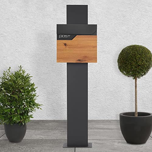 ECD Germany Standbriefkasten mit Zeitungsfach, Design Briefkasten mit Pfosten Briefkastenanlage, Briefkastenständer Anthrazit 170cm Edelstahl, Postkasten Anthrazit-Holzoptik Edelstahl pulverbechichtet