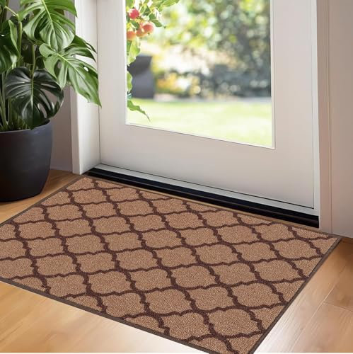 GULLAMBO Washable Door Mat - Non Slip Mat Wooden Floor - Front Door Mat Inside Door Mat, Super Absorbent Dirt Trapper - Kitchen Door Mat Hallway Runner Rugs (Trellis Beige, 40x60cm) (HV-4mm)