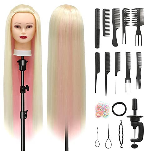 Styling Head 28 inch Hairdresser Training Head 100% Synthetic Fiber Hair Styling Head, Training Head Hairdressing Head with Free Clamp and DIY Braiding Set (Blonde Powder)