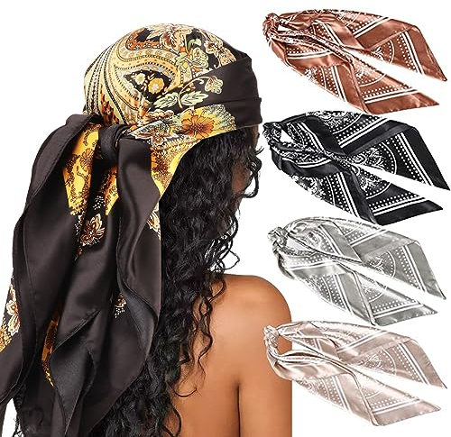 DRESHOW 90x90cm Große Quadratische Schals für Damen 4 Stück Seide Kopftuch Bandanas Haartuch Halstuch Haarschmuck