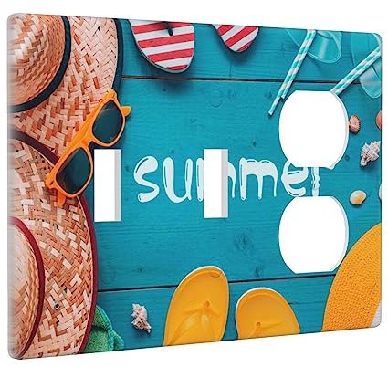 Sun Hat Flip Flops on Blue Boards 3 Gang Light Switch Cover Decorative Combination Triple Wall Plate Double Toggle Switch/Single Duplex Receptacle Cover Plate for Bathroom Kitchen Home Decor