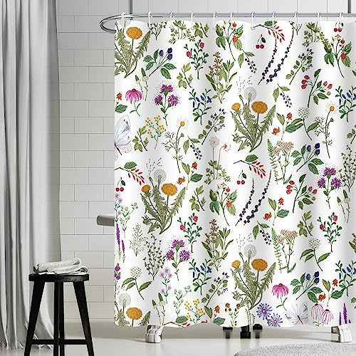Uiiooazy Duschvorhang Boho Style, Duschvorhang 240x180cm Bunt Blumen Vintage Grüne Blätter Frühling Duschvorhänge Anti Schimmel Stoff Waschbar Wasserdicht Bad Vorhang mit 12 Haken für Badezimmer