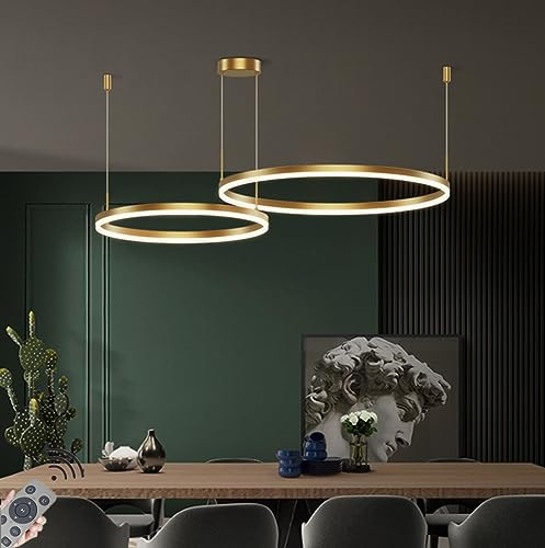LED-Pendelleuchte Modern Dimmbar Hängeleuchte Ring Kreis Hängelampe Esstisch Pendellampe Aluminium Kronleuchter Decke Hänge Lampe Für,Kücheninsel,Wohnzimmer,Color : Gold,Größe : 2 rings/60+40CM/48W