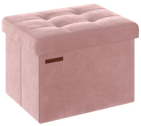 SONGMICS Pouf Pieghevole, Cassapanca in Velluto, Contenitore con Coperchio, Poggiapiedi, 31 x 41 cm, Portata 130 kg, per Corridoio, Soggiorno, Camera da Letto, Rosa Pastello LSF200R01