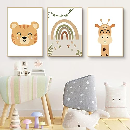 Poster 3er Set, Regenbogen Cartoon-Tiere Bilder Kinderzimmer, Wandbilder Deko für Mädchen und Jungen, Ohne Rahmen (21x30cm)