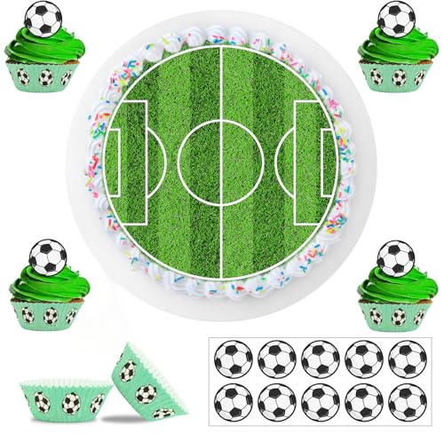 Meanju Essbare Tortendeko für Kinder, Tortendeko Fussball Essbar, 2er Set Fußball Essbarer Tortenaufleger + 25x Muffinaufleger, Fußball-Cupcakeförmchen als Geburtstagsdeko