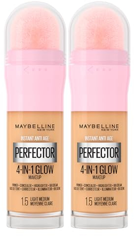 Maybelline New York Instant Age Perfector Glow 4-in-1 Concealer BB Cream Highlighter Primer Farbe 1.5 Light Medium mit Schwamm zum Auftragen - 2 Flaschen à 20 ml
