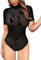 MAYFASEY Women's Sheer Mesh Bodysuit Turtleneck Short Sleeve Bodysuit Tops, Black, L