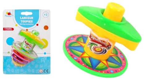 FLYPOP'S - 5 Toupies avec Lanceur - Jeu de Récréation - 038906 - Multicolore - Plastique - Rotation - Vitesse - Cadeau - Ludique - Anniversaire - Jouet Enfant - À Partir de 3 Ans
