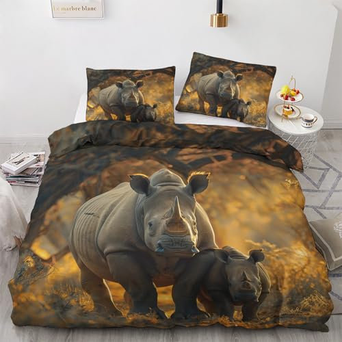 zcwl Nashorn Bettwäsche 135x200 Sommer, Tiere Bettbezug Set 2 teilig, Weiche Kuschelige Mikrofaser Bettwäsche-Sets, Wendebettwäsche und 1 Kissenbezug 80x80 mit Reißverschluss