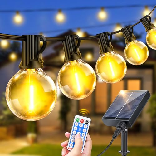 Solar String Lights Outdoor Garden - 15M/50ft LED Festoon Light Solar Powered 8 Modes Dimmable Timer Waterproof G40 Bulbs Hanging Lighting with Remote Control for Outside Patio Gazebo