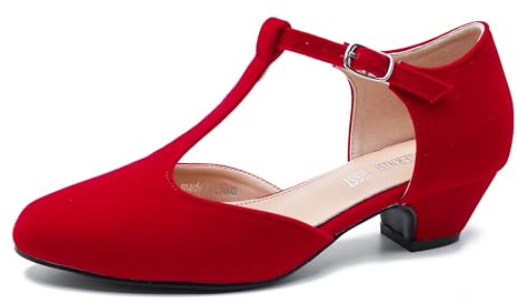 MAIERNISI JESSI Women's T-Strap Low Chunky Heel Mary Jane Pumps Cut Out Wedding Dress Shoes, Red Velvet, 6.5 UK