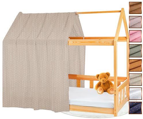 Lovely Hippo Hausbett Himmel - 100% Baumwolle - Betthimmel Hausbett aus Musselin - Bett Vorhang Kinderbett - Himmelbett Vorhänge 90x200cm (Beige mit Blättern, 120 x 370 cm (1er Set))