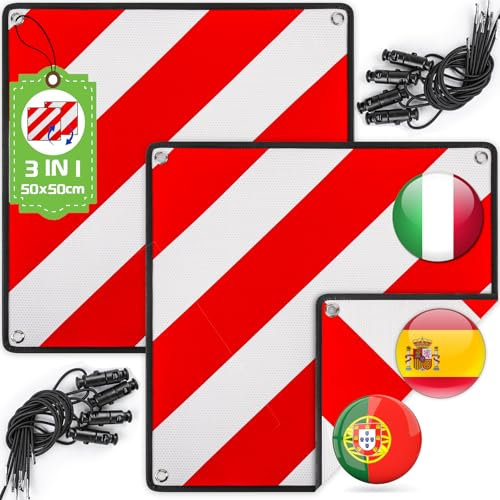 Warmfay Warntafel für Italien Spanien Portugal Fahrradträger, 3 In 1 Alu Rot Weiß Reflektierend Warnschild 50x50CM mit Spannseile, Zertifizierte für Fahrradträger Heckträger Auto Wohnmobil (2 Stück)