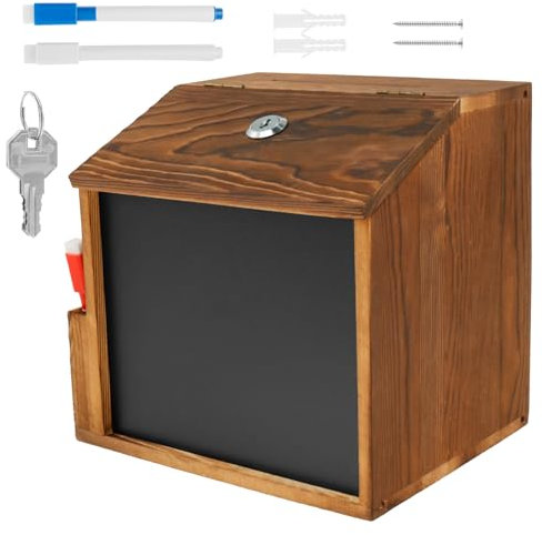 Holz Vorschlagsbox 21 x 16 x 20 cm mit 3 Whiteboard-Marker Spendenbox Abschließbar Seitentasche 16 x 8 cm Briefkasten Holz Multifunktional Kummerkasten Spendendose für Büros Kirchen Häusern