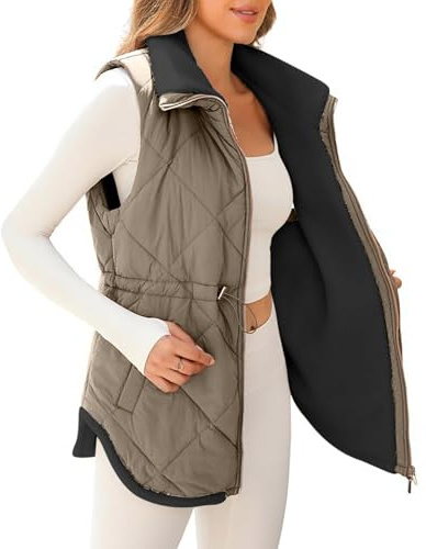Weste Damen Lang Winter Revers Fleeceweste Einfarbig Fleece Steppweste Warm Gefüttert Longweste Outdoor Winterweste Ärmellose Winterjacke Damen-Westen Plüschweste mit Kordelzug und Taschen