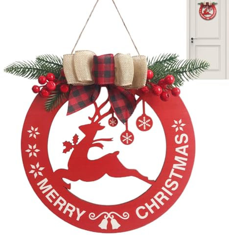 Guirnalda de Feliz Navidad – Cartel para puerta de feliz Navidad | Cartel para puerta de madera de feliz Navidad con ciervo, decoración decorativa rústica multifuncional de feliz Navidad, cartel