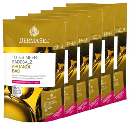 DermaSel® Totes Meer Badesalz | Arganöl Bad | 400 g + 6x 20 ml | Ölbad für trockene, spröde Haut, pflegende Mineralien, reichhaltige Kernölpflege, hautfreundlich, dermatologisch geprüft