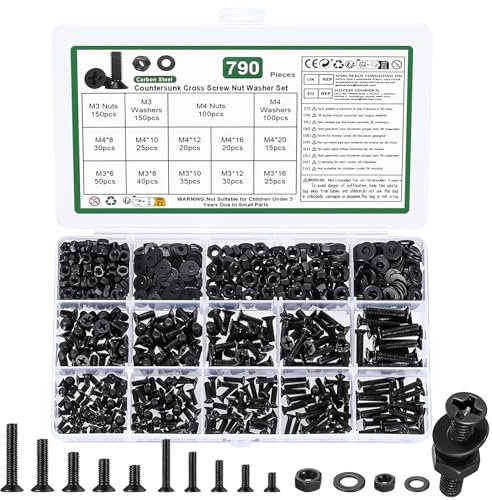 790 Pcs Vis M3 M4, Vis à Tête Fraisée Cruciforme et Écrous, Vis Boulon et Écrous et Rondelles, Boulons Vis à Tête Plate Cruciforme et Écrous, Visserie Boulon à Tête Cruciforme avec Ecrous(Noir)