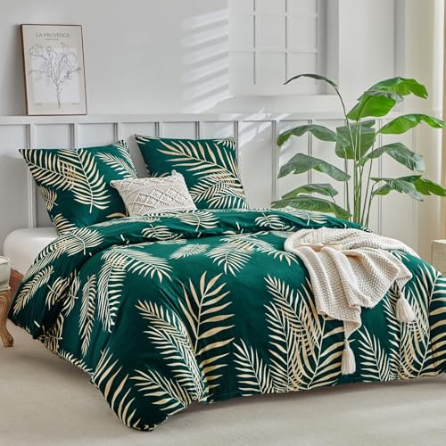 Lekesky Bettwäsche 200x200, 3teilig Bettwäsche Set 200 x 200 cm, Grüner Bettbezug mit Goldenem Tropical Palmenblatt-Muster, Mikrofaser mit Reißverschluss, 2 Kissenbezüge 80x80 cm