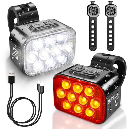 BUCKLOS Bike Lights Front and Back for Night Riding, 10 LED Ultra Bright 8+9 Modes USB Rechargeable Bicycle Headlight and Tail, IPX6 Waterproof 1100mAh Bikes Light Set, 35 Hrs Long Battery Powered