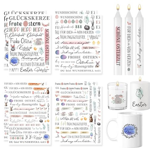 FloraVigo 8-teiliges Kerzentattoo, Kerzenaufkleber, 200 Muster, Wassertransferfolie, Kerzen, Kerzenfolie, dekorative Kerzen, Geburtstagskerzen, Zitate (Buntes Ostern)
