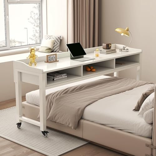 DSEWTEZXI Overbed Table for Laptop with Wheels, Adjustable Height & Tilt, Modern Style, White, 19x49x11cm, Working, Reading