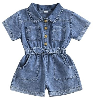 Summer Toddler Girl Jean Overall Short Sleeve Denim Romper Little Girl Shorts Jumpsuit One Piece Outfits for Kids 1-5 Years (Blue, 18-24 Months)