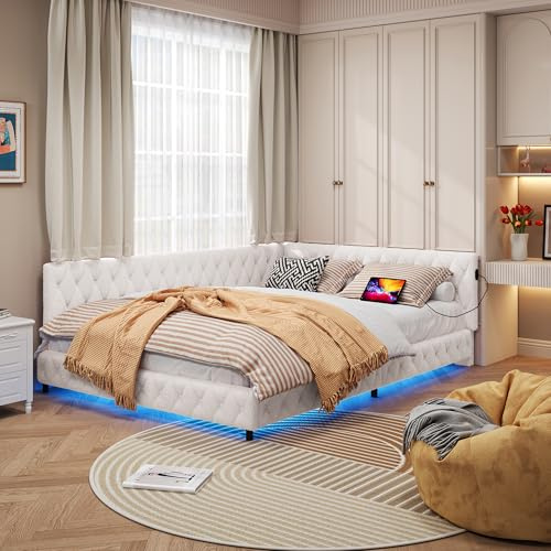 JYNVO Polsterbett 140x200 cm mit USB und Typ-C-Anschlüssen, Schlafsofa mit Beleuchtung unter dem Bett, TeddySamt, Jugendbett mit Lattenrost, Kinderbett, beige, ohne Matratze