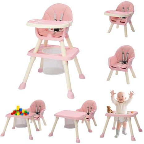 Bonnlo 6-in-1 Convertible Baby High Chair, Adjustable Height with Removable Double Tray & Building Block Table, Multi-Functional Highchair for Toddlers 6-36 Months (Pink)