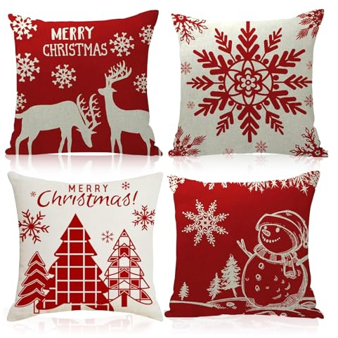 4 Stück Kissenbezug Weihnachten, Frohe Weihnachten Rot Deko Kissenbezug, 45x45cm Weihnachtsdeko Kissenbezüge, Druck Kissenbezüge für Weihna-chten, für Sofa Schlafzimmer Bett Auto, Deko Weihna-chten
