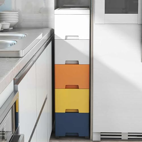 Schmaler Badezimmer-Aufbewahrungsschrank mit 5 Ebenen, wasserdichter Kunststoffschrank für kleine Räume, mobiler Spind für Toiletten, Küchen und Wäsche (Weiß A)