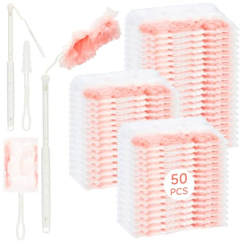 50 Pcs Flash Dust Magnet, Dust Magnet, Dust Magnet, Flash Dust Magnet Long Handle, Flash Dust Magnet Starter Kit, For Blinds, Car Dashboard, Keyboard (Pink)