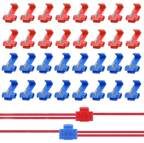 50 PCS Quick Splice Electrical Wire Connectors Set, T-Tap Cable Splic for 14-22 AWG Wires, Branch Connector, for Motorcycle, Automotive and Home Wiring Projects, Red, Blue(0.5-2.5 mm²)