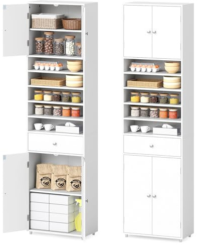 COSTWAY 180cm Tall Kitchen Cupboard, Buffet Pantry Storage Cabinet with 4 Door, Adjustable Shelves & Anti-tipping Device, Freestanding Sideboard Organizer for Home Dining Room (White)
