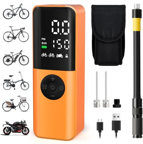 Electric Bike Pump, 150Psi Portable Bicycle Tire Pump with Digital Pressure Gauge for E-Bike, Road and Mountain Bicycle Pump, Mini Bike Pump with Presta, Schrader, Dunlop Valve Accessories (Orange)