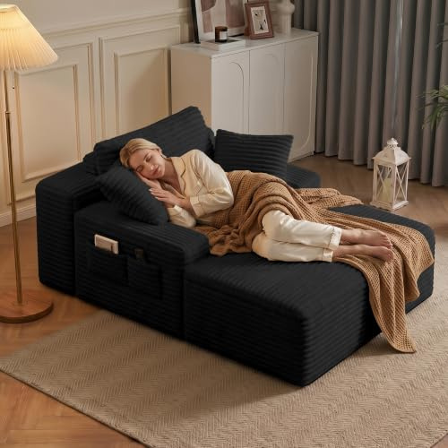 Xbro Cord Sofa mit 3 Kissen, Oversized Loungesessel 102 x 150 x 61 cm, Relaxsessel aus hochdichtem Schaumstoff, Bean Bag Sofa ohne Montage, mit Seitentasche für Wohnzimmer und Schlafzimmer, Schwarz