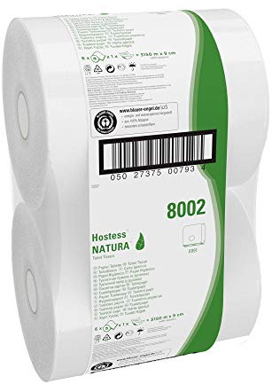 Hostess NATURA Jumbo-Rolle, 8002, Toilettenpapier-Rolle, 1-lagig, weiß, 6 Rollen x 525 m