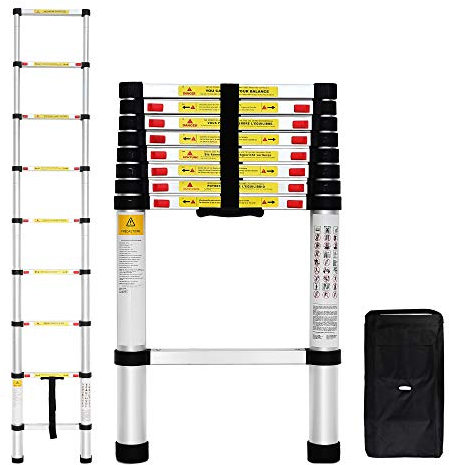Todeco - Teleskopleiter, Klappleiter - Maximale Belastbarkeit: 150 kg - Material: Aluminiumlegierung - 2,6 Meter, GRATIS Tragetasche, EN 131