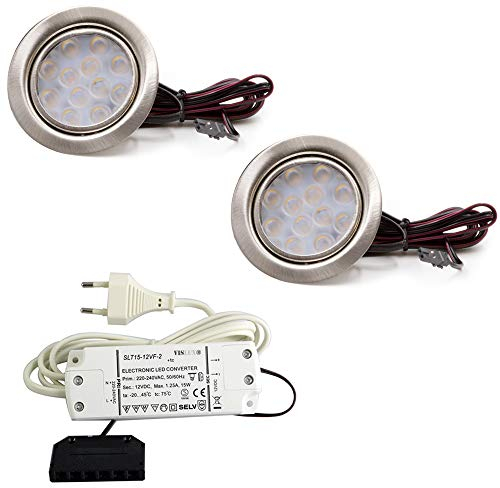 vislux 2er Set LED Möbelleuchte Einbaustrahler Edelstahl Gebürstet flach 3W warmweiß 3200K 200lm 12V + 15W LED Trafo 230V für das Wohnzimmer, Küche und Badd
